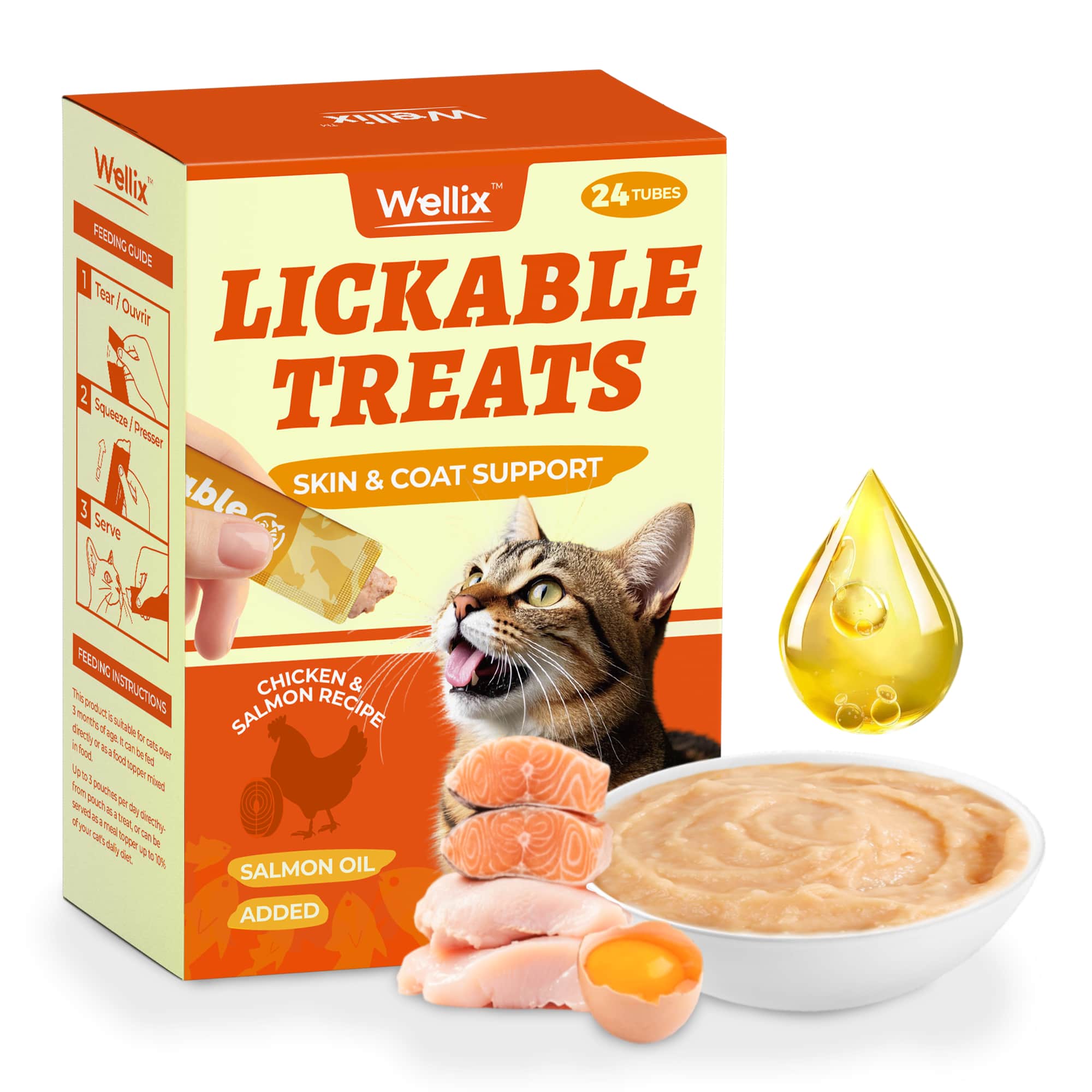 Wellix Lickable Cat Treats - Chicken & Salmon Oil Kitten Snacks for Training & Healthy Skin & Coat - Squeezable Treats - 24 Tubes